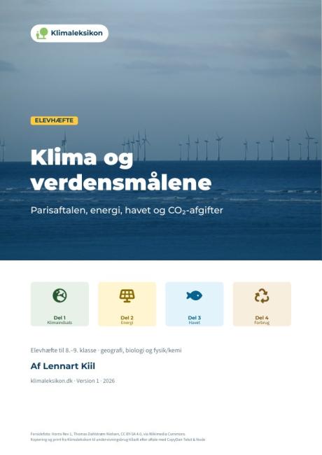 Forsiden af elevhæftet Klima og verdensmålene med havvindmøller.