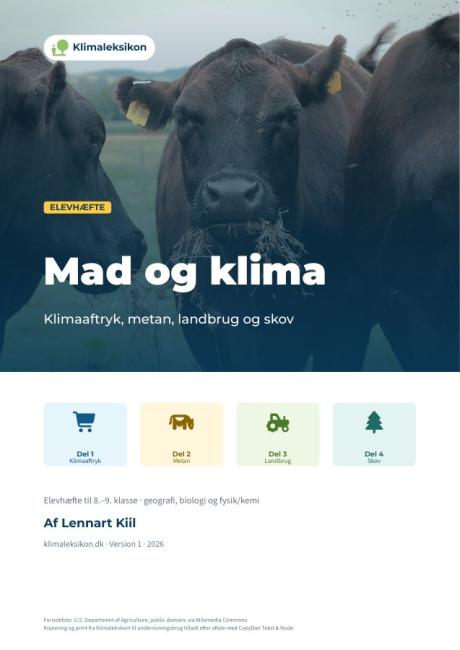 Forsiden af elevhæftet Mad og klima med køer på græs.